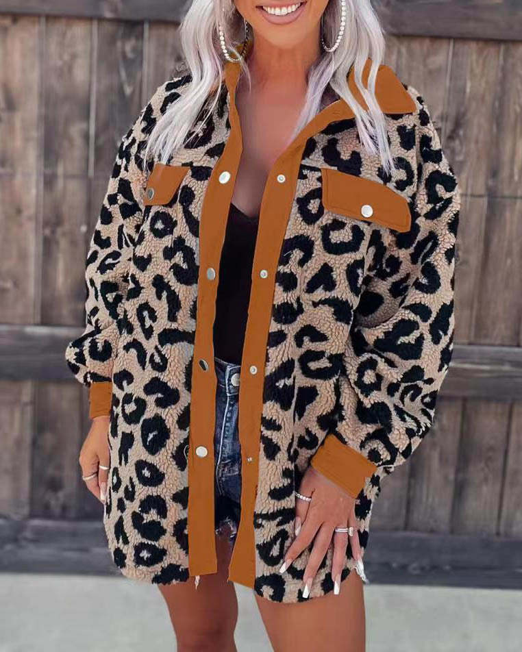 Winter Neon Pink Contrast Women Fleece Long Sleeve Leopard Jacket Sherpa Coat