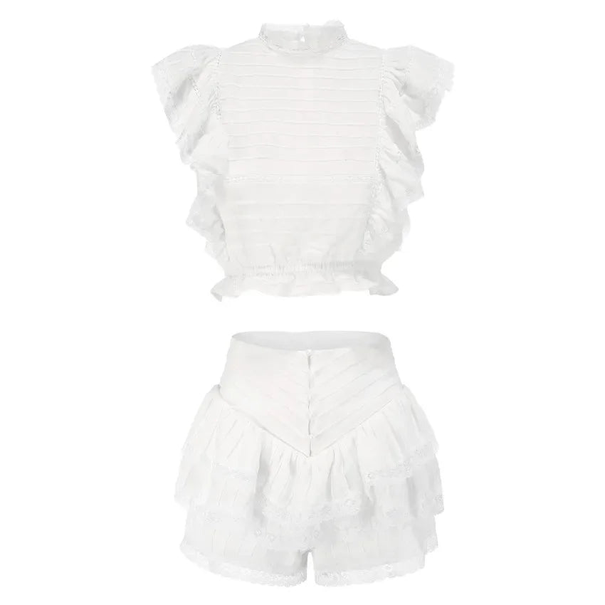 Waistband Cropped Top With Ruffle Detail and Cute Ruffle Mini Shorts Skirts