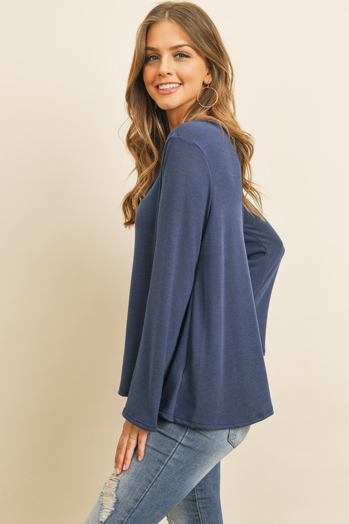 Criss Cross Neck Long Sleeve Hacci Top