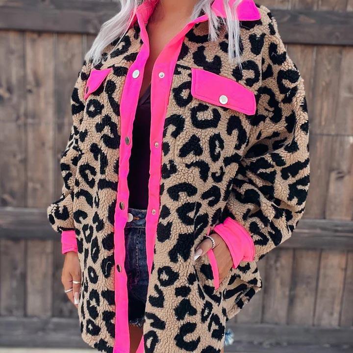 Winter Neon Pink Contrast Women Fleece Long Sleeve Leopard Jacket Sherpa Coat