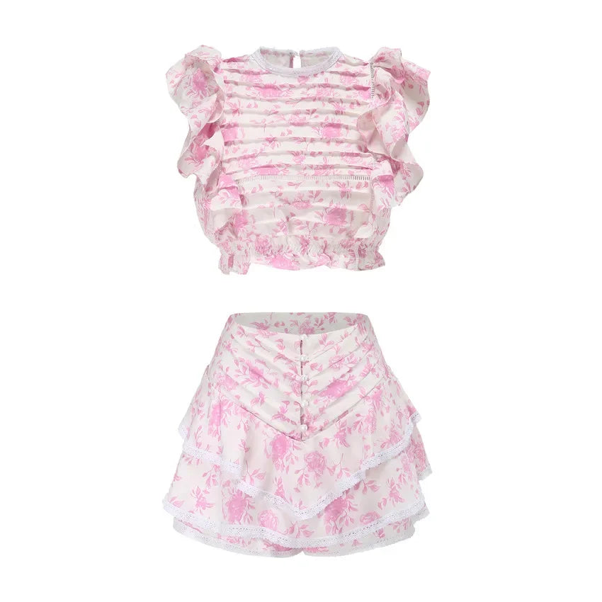 Waistband Cropped Top With Ruffle Detail and Cute Ruffle Mini Shorts Skirts