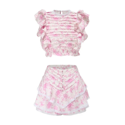 Waistband Cropped Top With Ruffle Detail and Cute Ruffle Mini Shorts Skirts