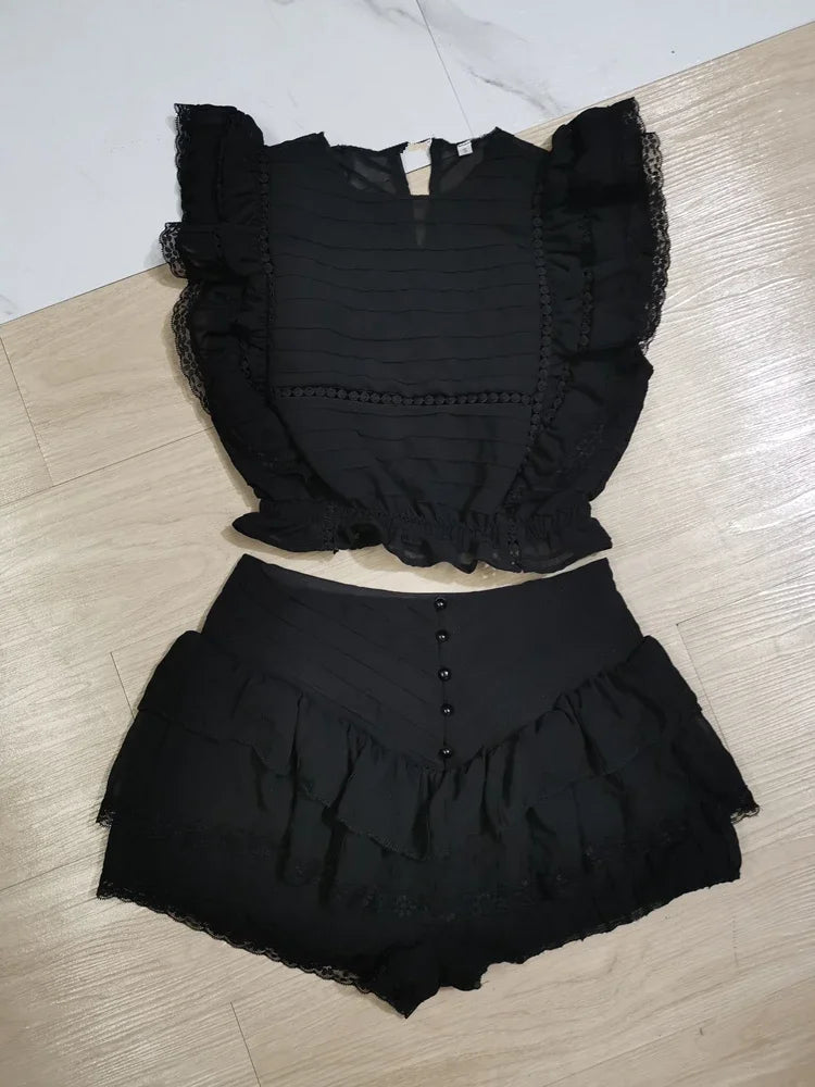 Waistband Cropped Top With Ruffle Detail and Cute Ruffle Mini Shorts Skirts