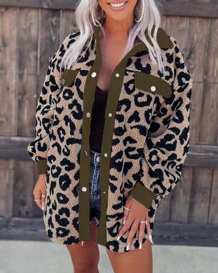 Winter Neon Pink Contrast Women Fleece Long Sleeve Leopard Jacket Sherpa Coat