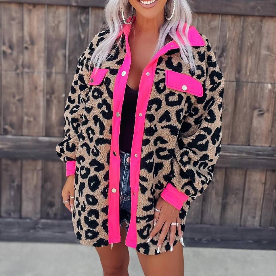 Winter Neon Pink Contrast Women Fleece Long Sleeve Leopard Jacket Sherpa Coat