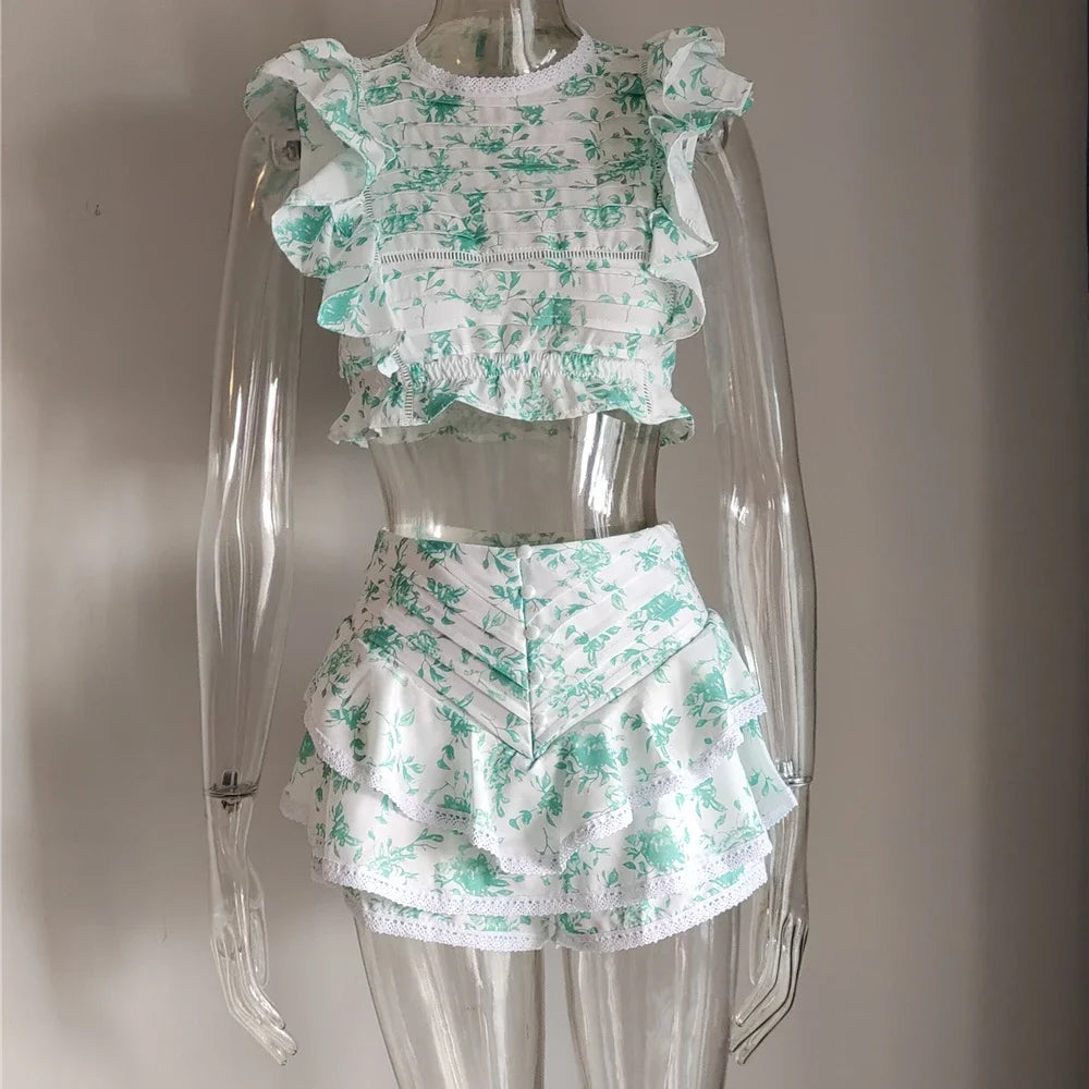 Waistband Cropped Top With Ruffle Detail and Cute Ruffle Mini Shorts Skirts