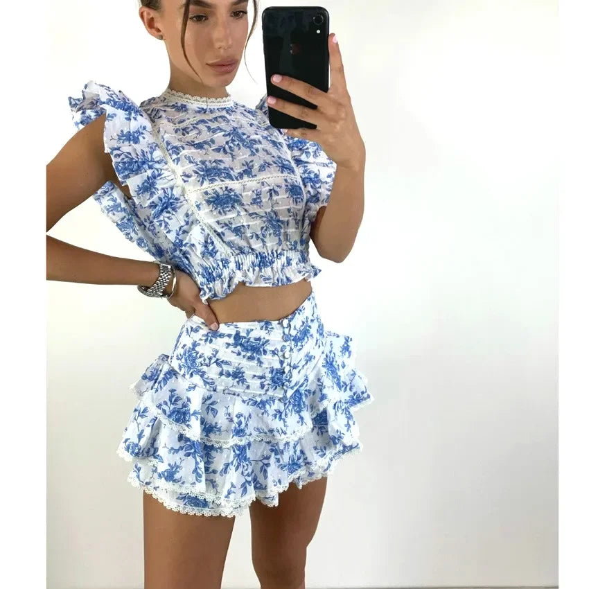 Waistband Cropped Top With Ruffle Detail and Cute Ruffle Mini Shorts Skirts